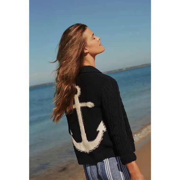 Anthropologie Sweaters - Anthropologie Anchors Away Navy Cable Knit Cardigan Size S